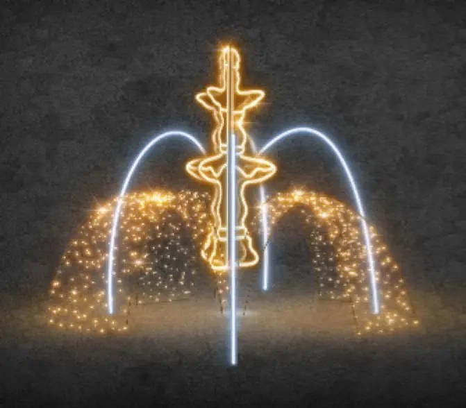 3D LED-es fényszökőkút, 500 x 250 x 500 cm, meleg és jeges fehér, 36V, 73W, 23 részből áll.