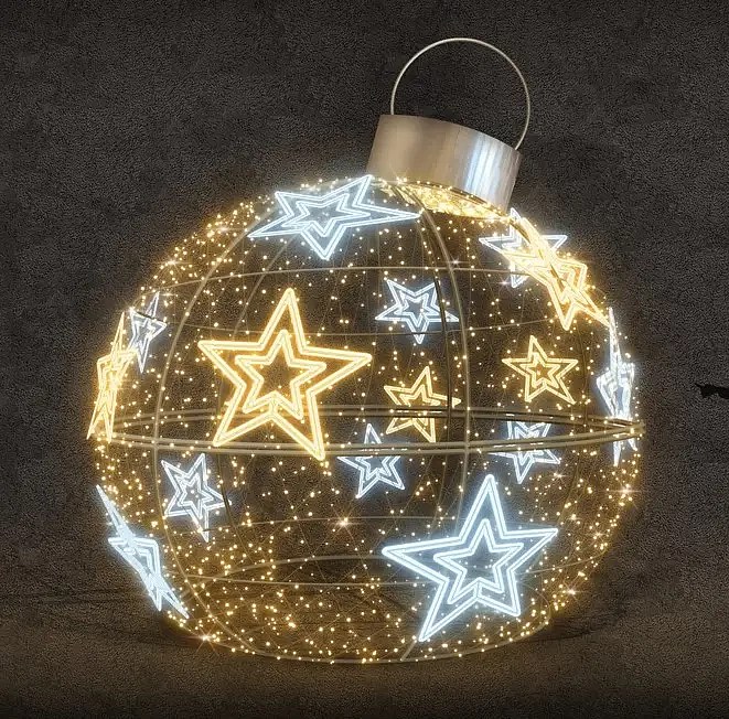 LED fénygömb csillagokkal, átmérő 350 cm, meleg fehér és jeges fehér, 230/24 V, 467 W, 102,6 kg, 9 részből készült