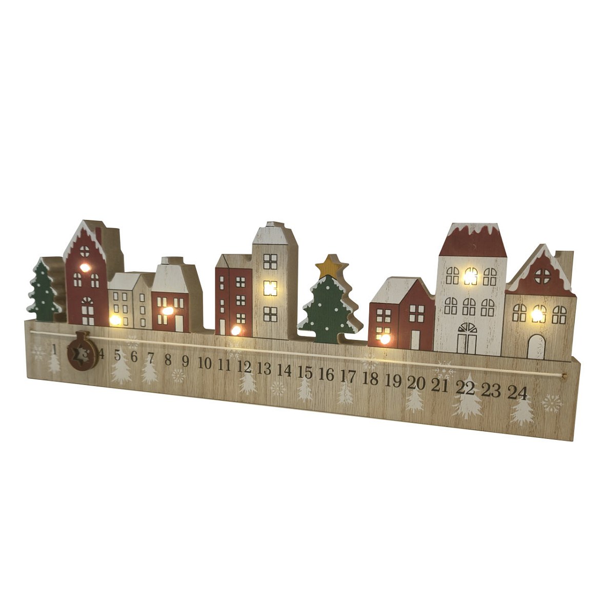 LED-es adventi naptár, csúszó napjelzővel, 38 × 12 × 2,7 cm, fából készült, színes, 2 db AAA elemmel működik
