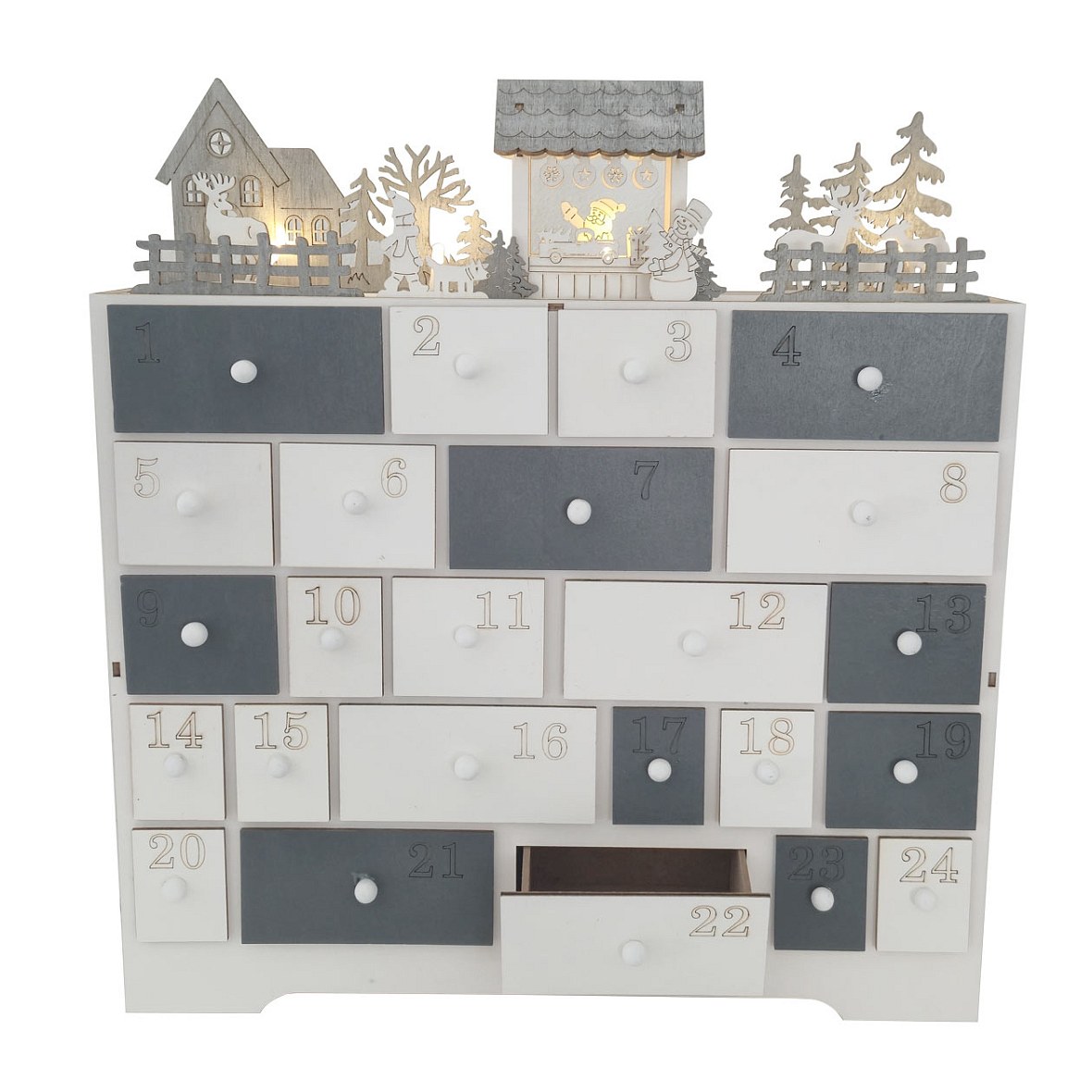 LED-es adventi naptár, kis házikó és állatkák, fából, 37 × 40 × 11 cm, fehér és szürke, 2 db AA elemmel működik