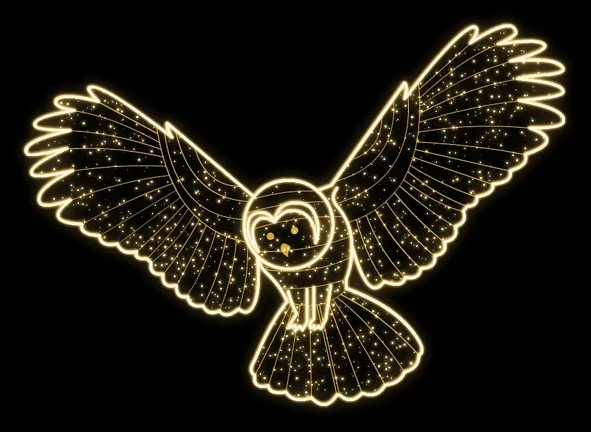 Eco Fix 2D LED fényű bagoly repülésben, lógó, 225 × 165 × 5 cm, meleg fehér, 3D nyomtatás, arany színű