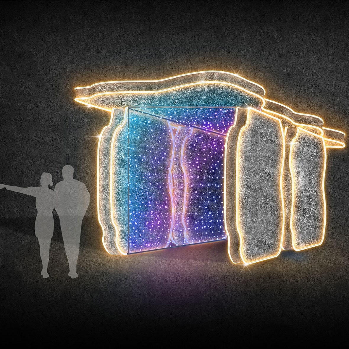 3D LED-es fényalagút dolmen, Carlingford, 260 × 280 × 450 cm, meleg fehér és villódzó fény, alumínium, 3D LED-es fényalagút, Carlingford, 260 × 280 × 450 cm, meleg fehér és villódzó fény, alumínium