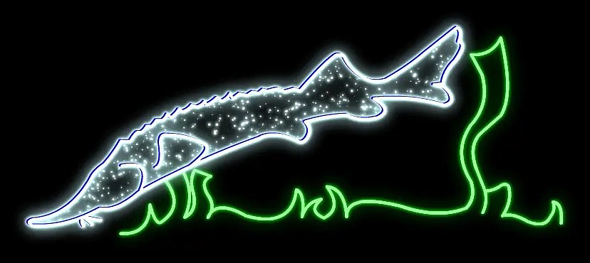 2D LED-es fényű tokhal, 195 × 75 cm, álló, 3D nyomtatás