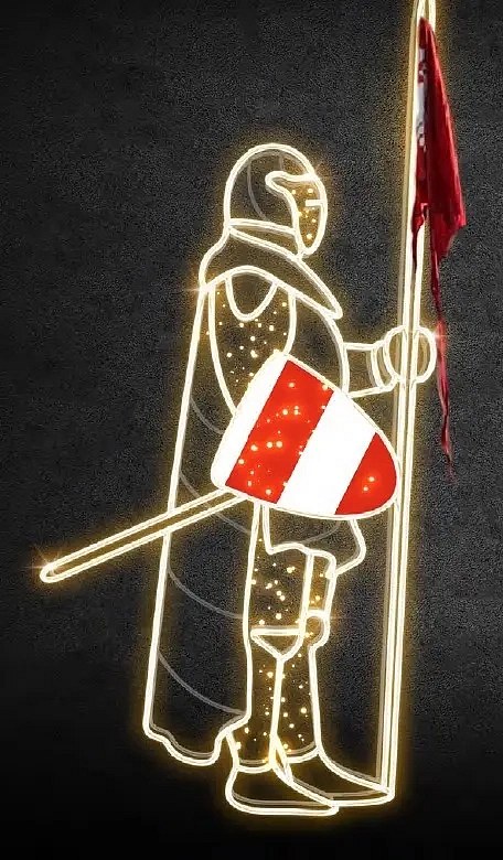 Eco Fix 2D LED fénylovag VI, pajzs jobb kézben, 245 × 110 cm, meleg fehér, álló, 3D nyomtatás, 3D nyomtatás