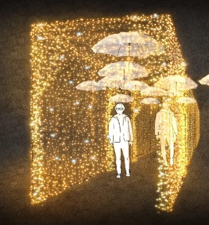 3D LED-es fényalagút ernyőkkel, 210 x 300 x 400 cm, meleg fehér, villanófénnyel, 36 V, 53,7 W, 54 kg, 8 részből áll.