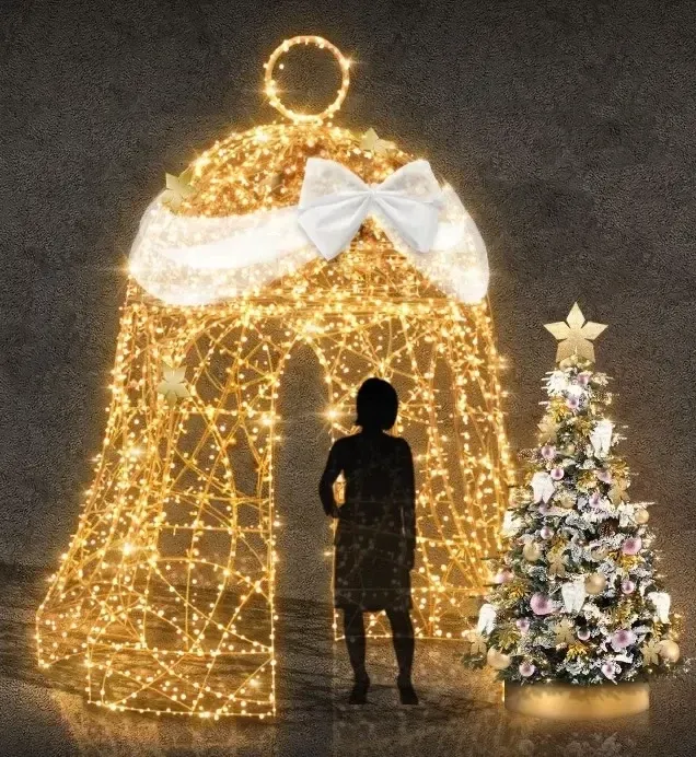 3D LED-es fénycsengő, 350 cm, aranyozott, meleg fehér, kristályos, 6 részből álló, fehér masni, állva