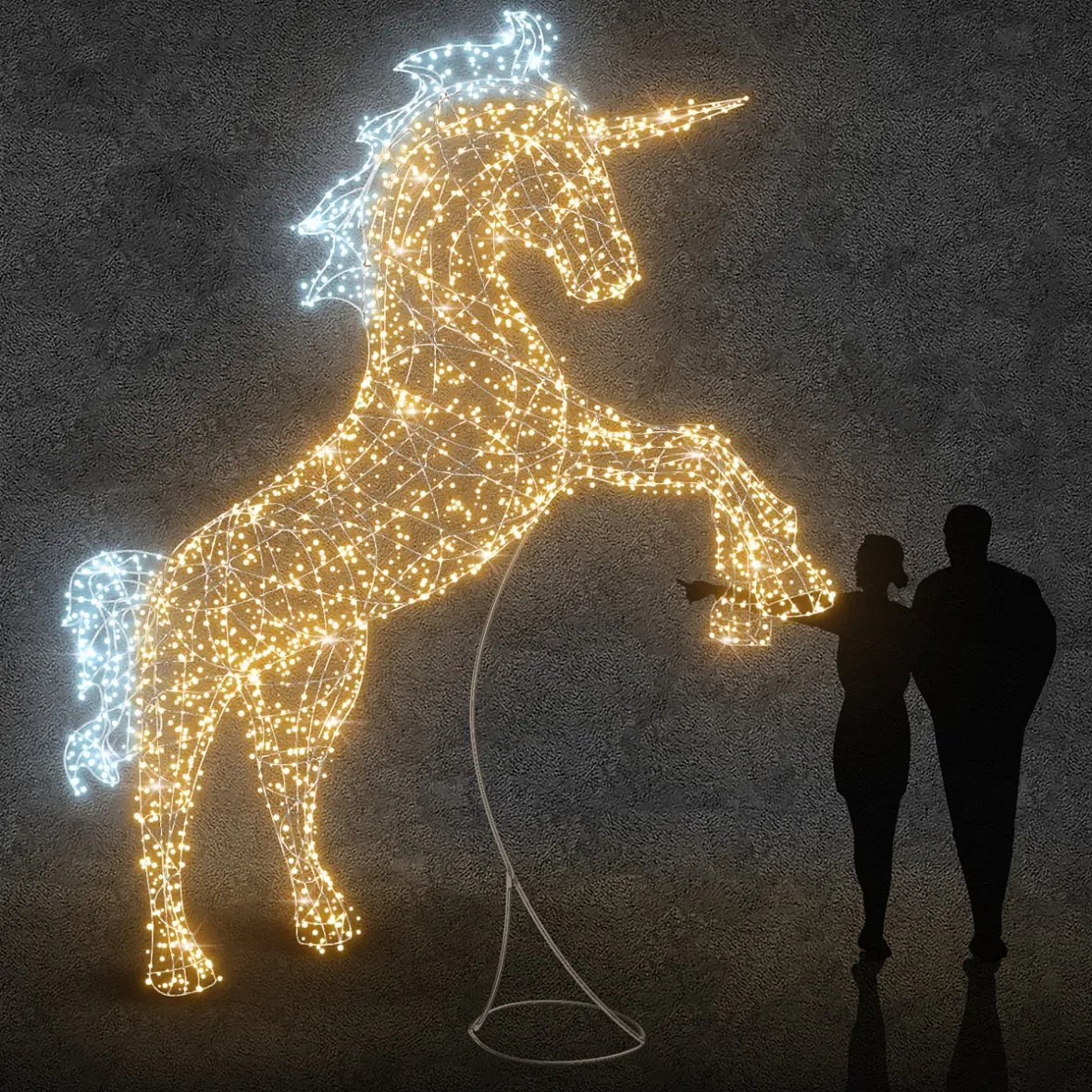3D LED-es egyszarvú fény, 360 × 400 × 97 cm, meleg és jeges fehér, 36V, 41 W, 35,4 kg, 3 részből áll.