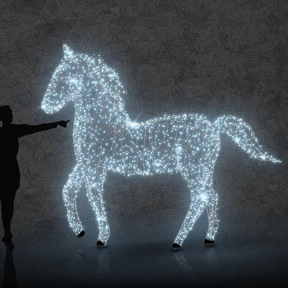 Eco Fix 3D LED-es fénylovas ló sörénnyel, 250 × 250 × 80 cm, jégfehér, kristály, alumínium