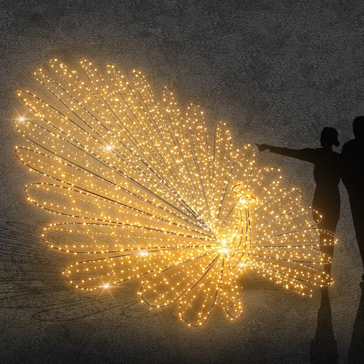 3D LED páva fény, 430 × 250 × 240 cm, meleg fehér, 36 V, 70 W, 52 kg, 5 részből áll.