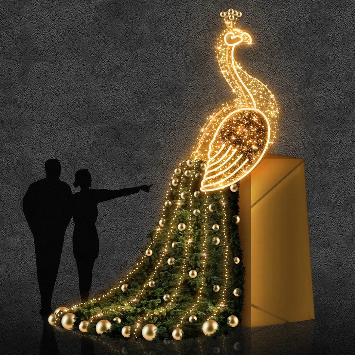 3D LED páva fény, 165 × 350 × 250 cm, meleg fehér, 230 V, 114,8 W, 53 kg, 3 részből áll.
