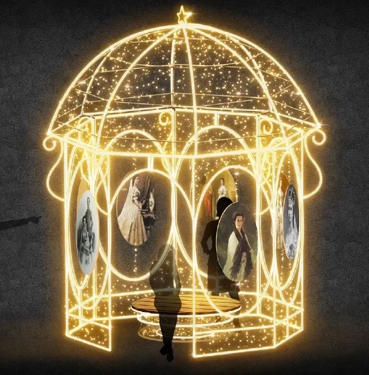 3D LED Gazebo Sissi, 430 × 340 × 340 cm, melegfehér, 36 V, 300 W, 100 kg, 18 részes 3D LED pavilon