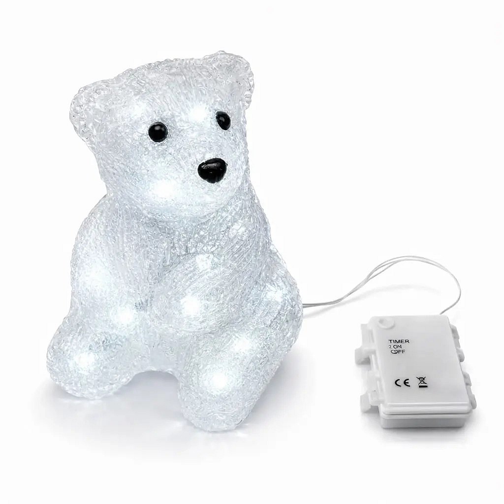 Elemmel működő 3D LED-es fénymedve, 16 LED, időzítővel, 18 × 13 cm, jégfehér, alumínium, IP44 kültéri használatra