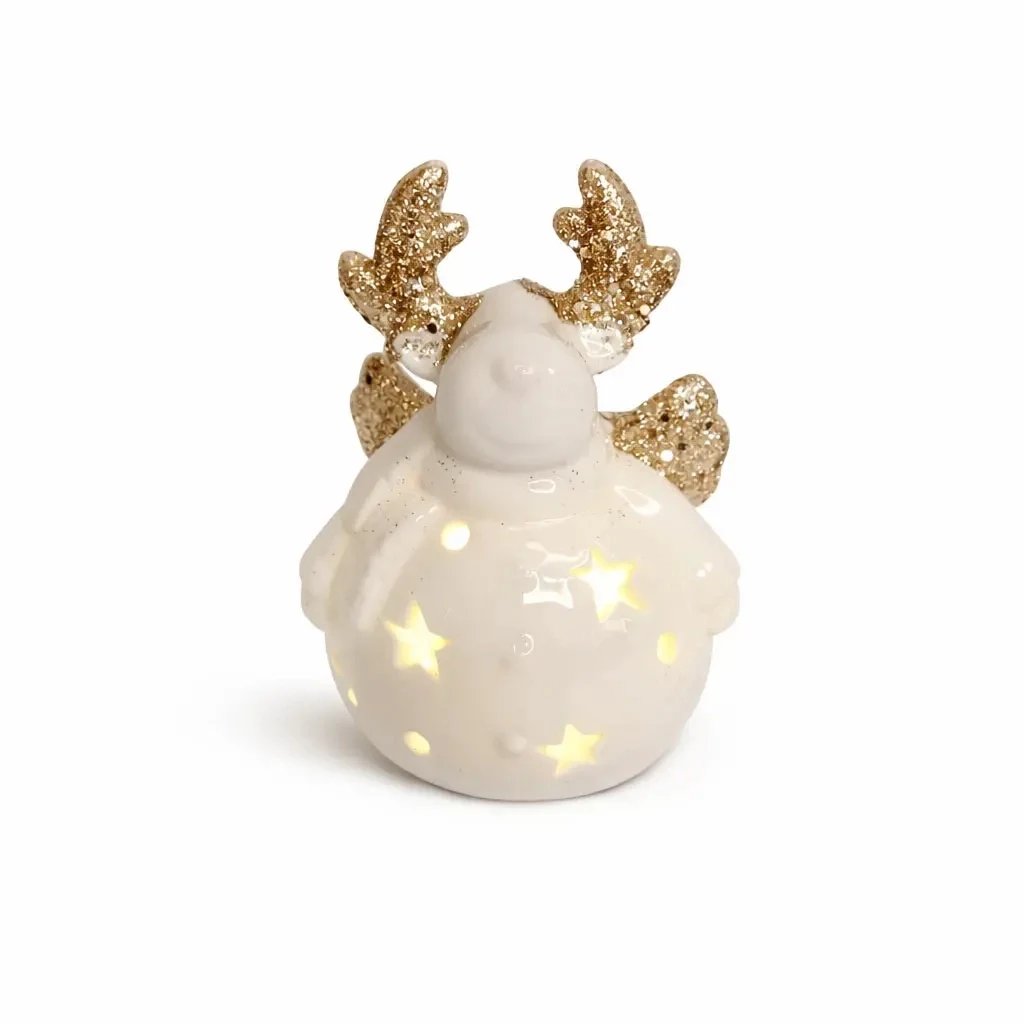 LED kerámia rénszarvas dekoráció, 7,3 × 6,5 × 9,3 cm, meleg fehér, 2× LR44