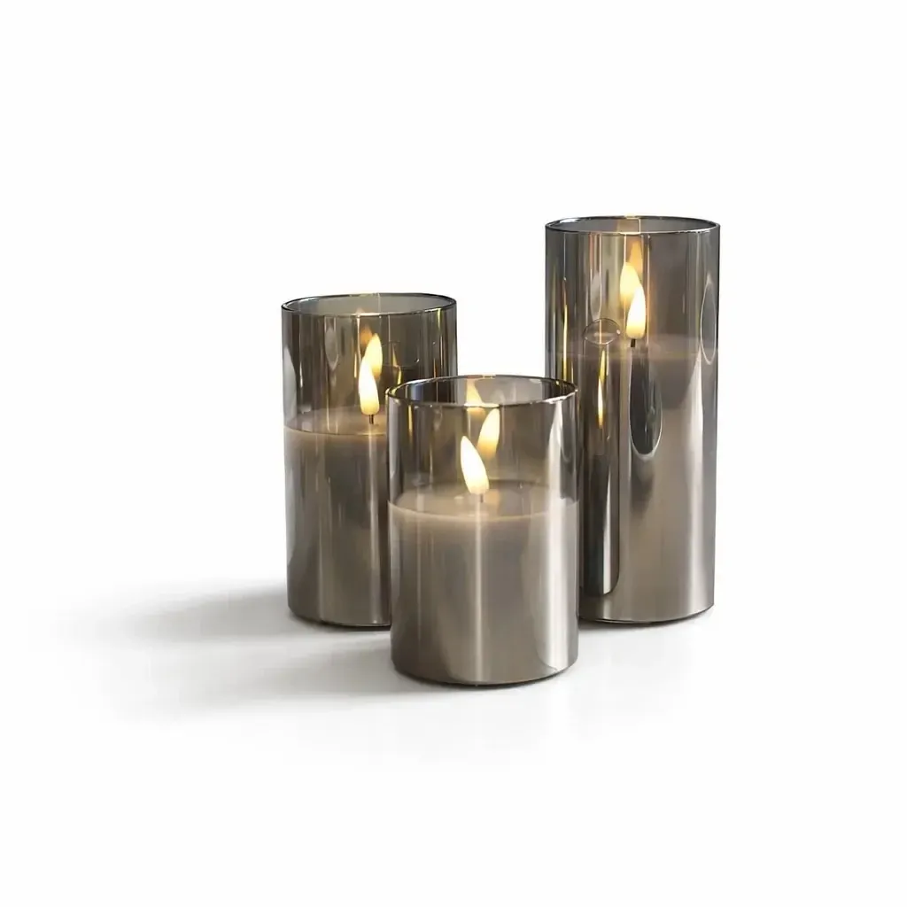 3 darabos LED-es üveggyertya-készlet, szürke, Ø 7,5 × 10/12,5/15 cm, távirányítóval