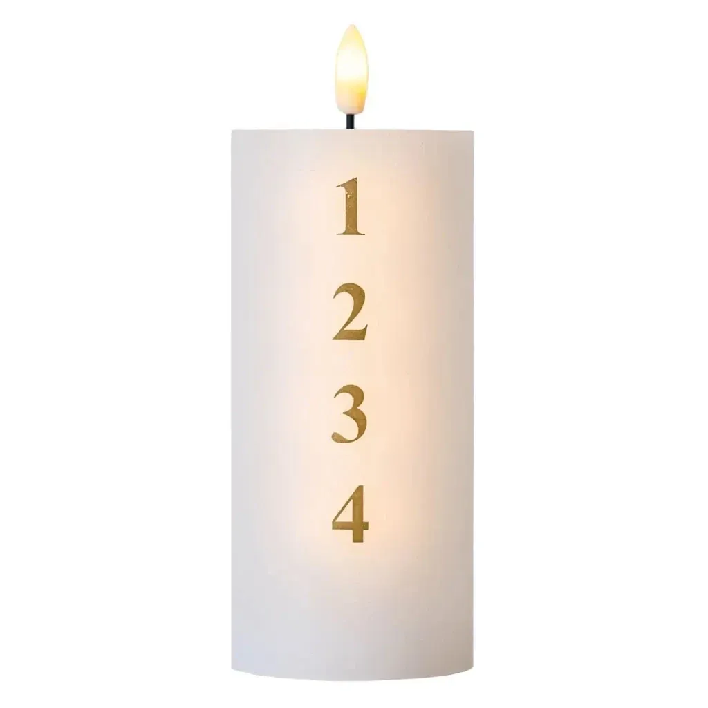 LED-es elemes viaszgyertya Sille Advent, számokkal, Ø 7 × 15 cm, fehér/arany, fehér/arany