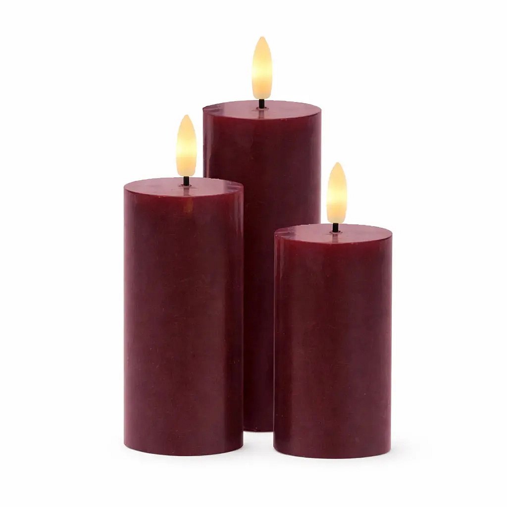Újratölthető, valódi viaszból készült LED gyertyák, Bordeaux, 3 darabos készlet, magasság 10/12,5/15 cm, átmérő 5 cm, bordó színű, töltőállomás nélkül