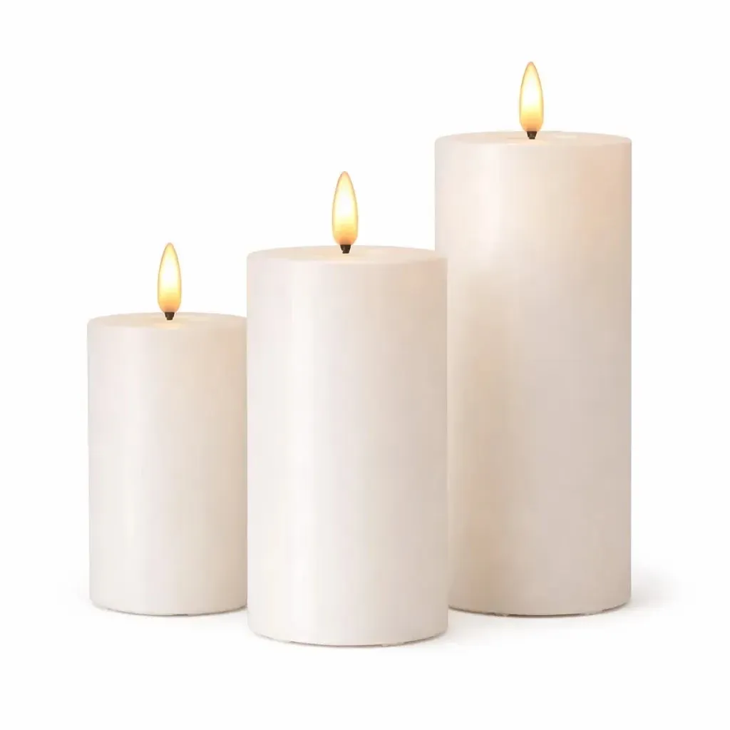 3 darabos LED-es elemes gyertya szett, fehér, Ø 7,5 × 10/12,5/15 cm, távirányítóval, 2× AA