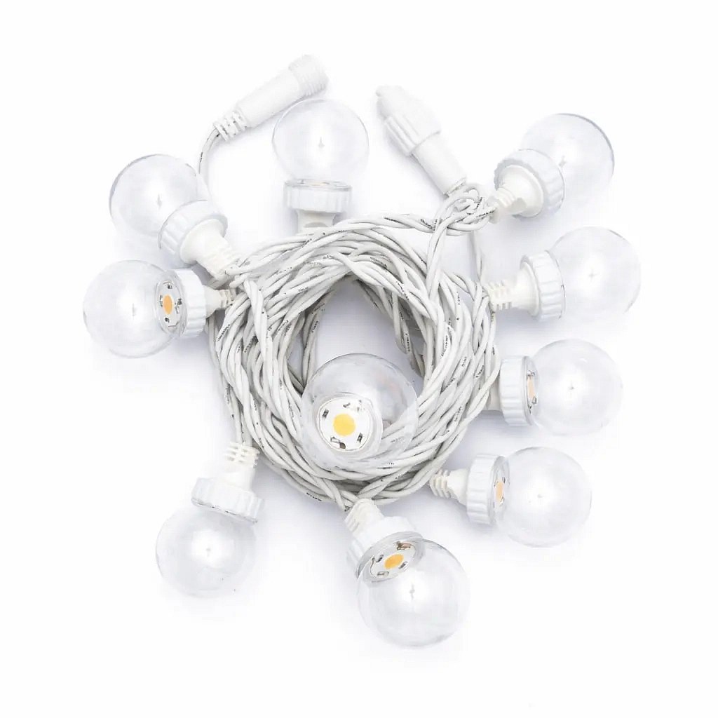 Easy Fix LED party lámpa 5 m kültéri, meleg fehér 10 dióda, átlátszó izzók, fehér kábel IP44, összekapcsolható