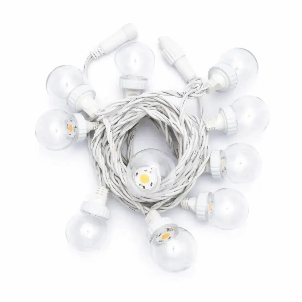 Easy Fix LED party világítás, 5 m, kültéri, 10 átlátszó gömb, 70 melegfehér LED, fehér kábel, IP67, hosszabbító
