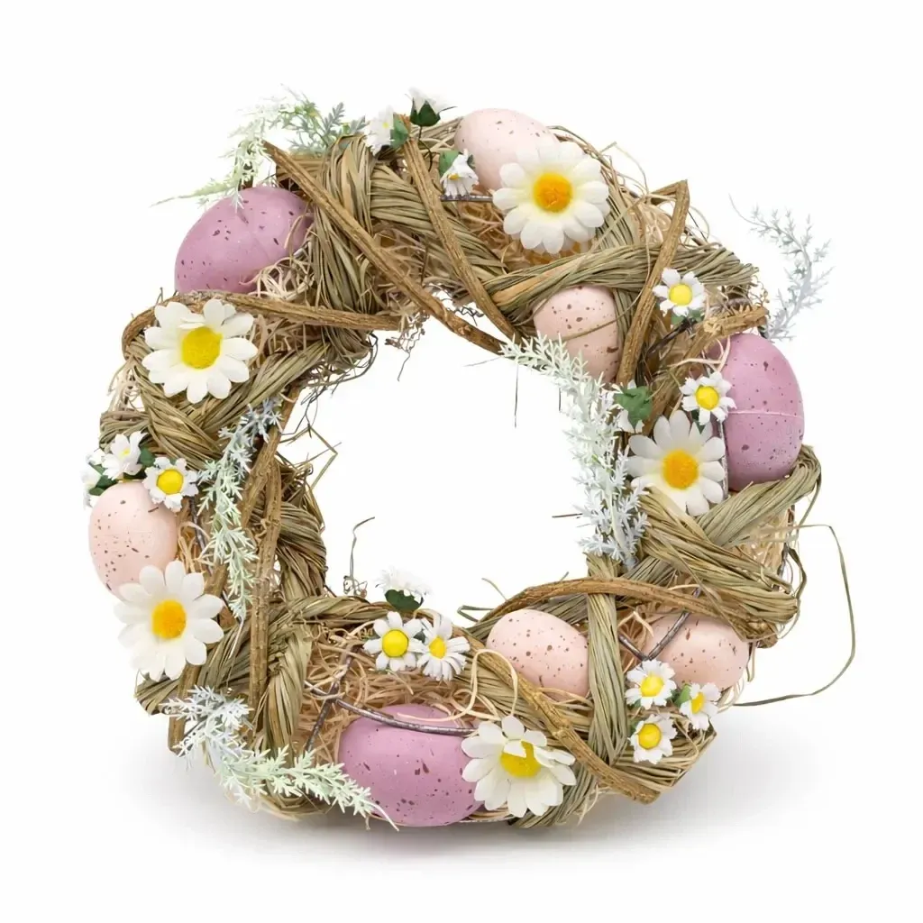 Húsvéti koszorú ajtóra 24 × 8 cm, régi rózsaszín tojások és százszorszépek, műanyag, kültéri koszorú
