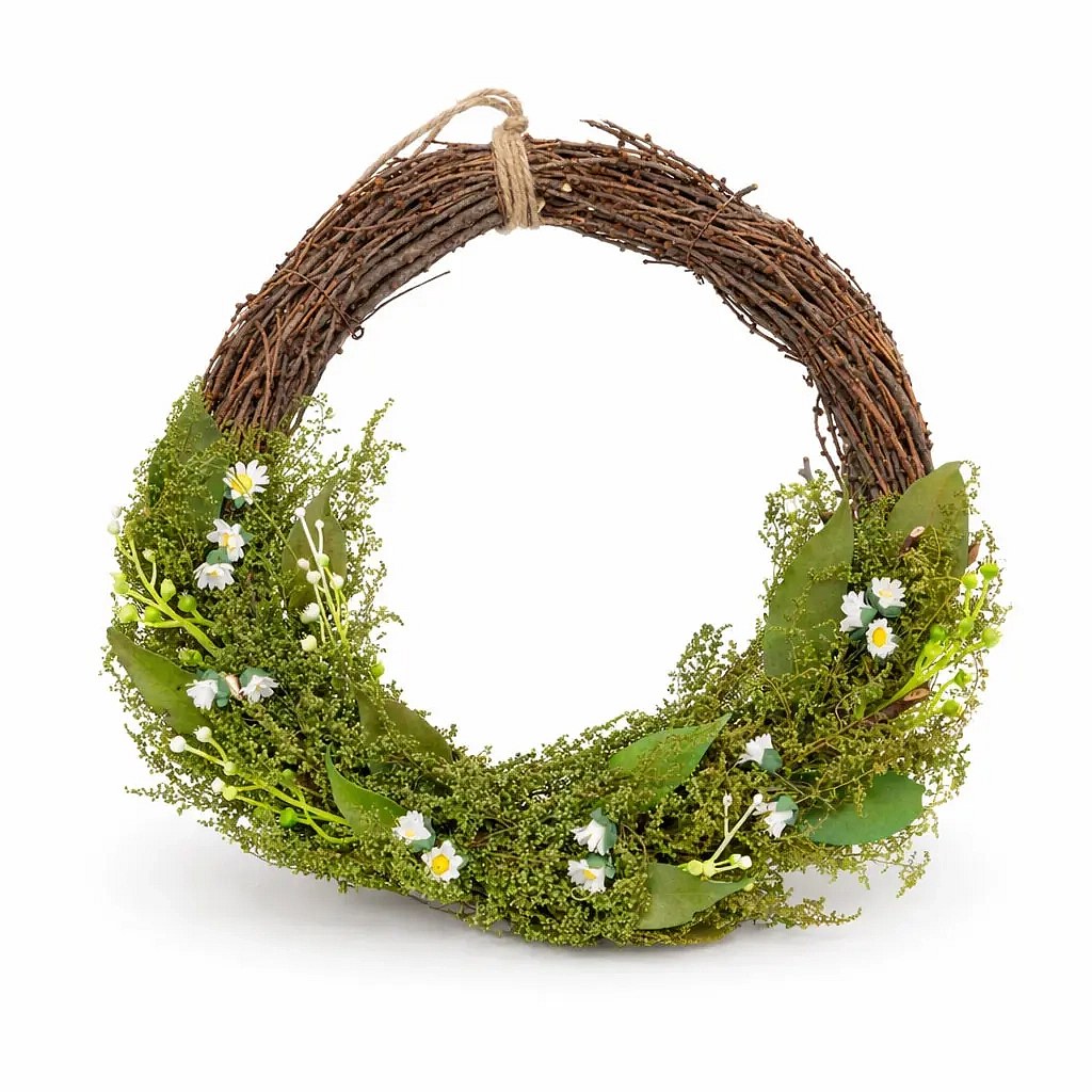 Húsvéti ajtókoszorú 34 × 31 × 8 cm, fűzfa és zöld gallyak, kis virágokkal, műanyag, kültéri használatra.