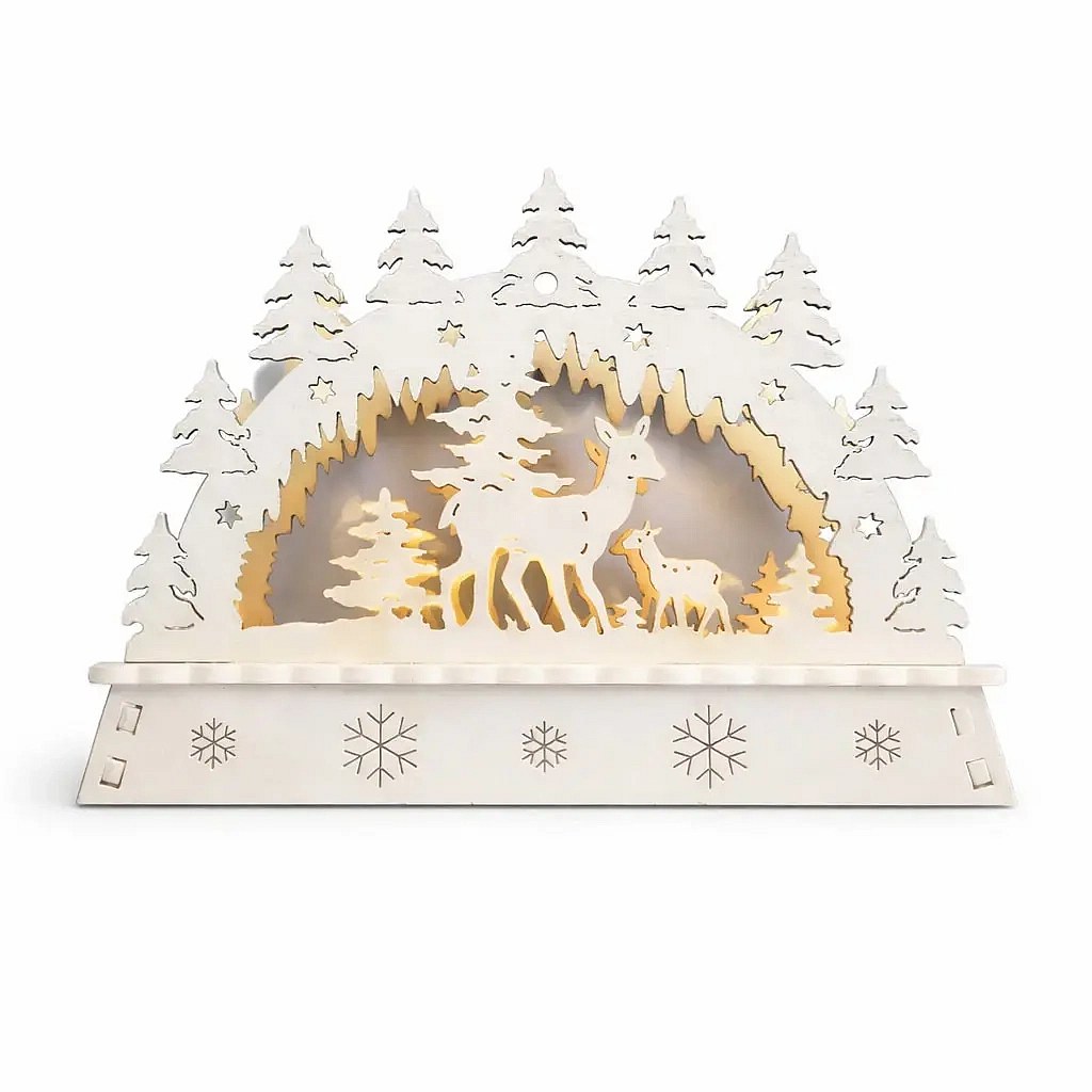 LED karácsonyi ablakdísz, szarvastehén és szarvasborjú az erdőben, fából, 15 × 11 × 5 cm, meleg fehér, 2 db AA elemmel működik