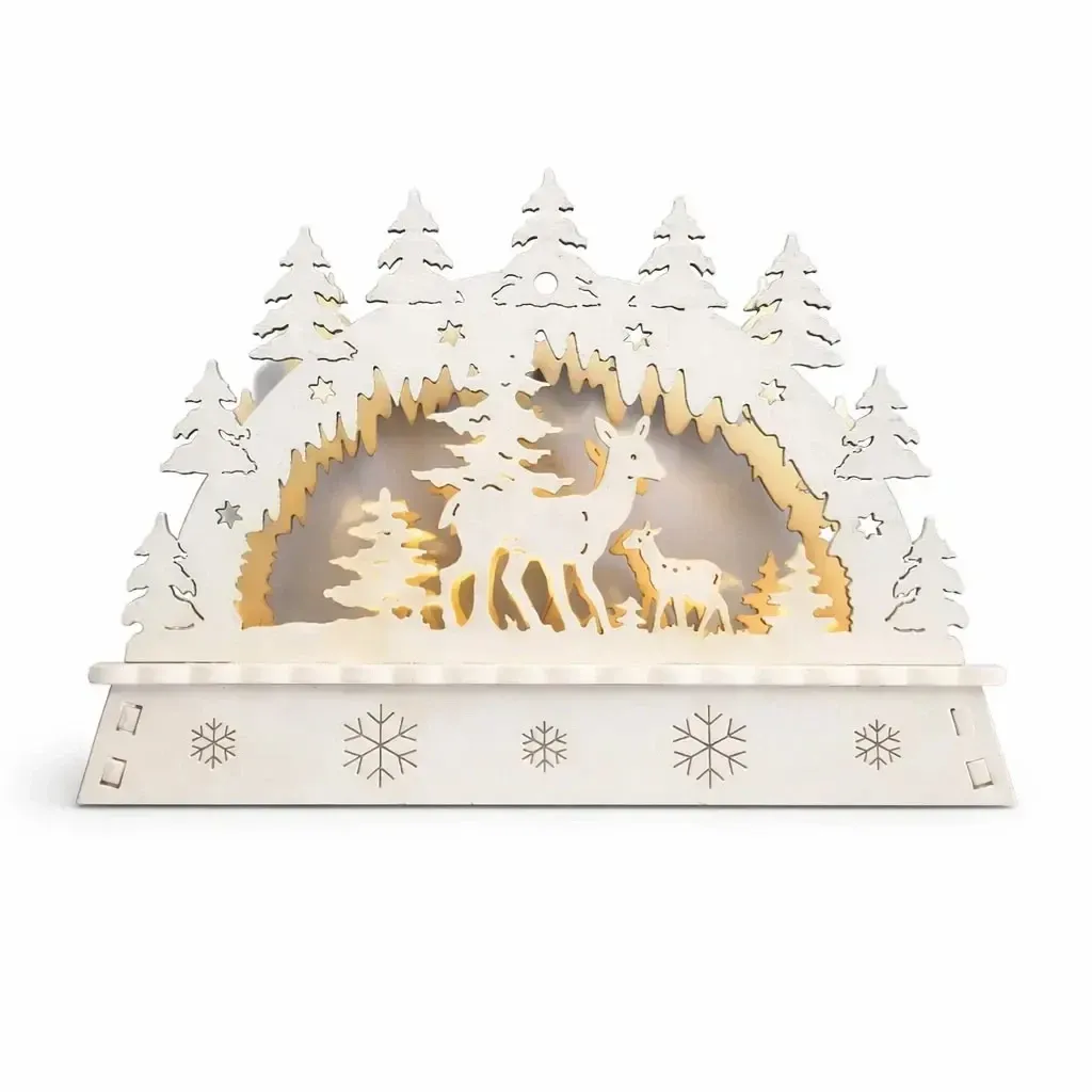 LED karácsonyi ablakdísz, szarvastehén és szarvasborjú az erdőben, fából, 15 × 11 × 5 cm, meleg fehér, 2 db AA elemmel működik