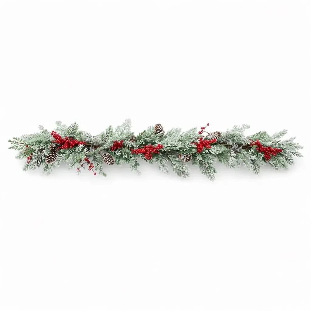 3D karácsonyi műfüzér az asztalra, fenyőtűvel és piros bogyókkal, 270 × 15 cm, olajozott