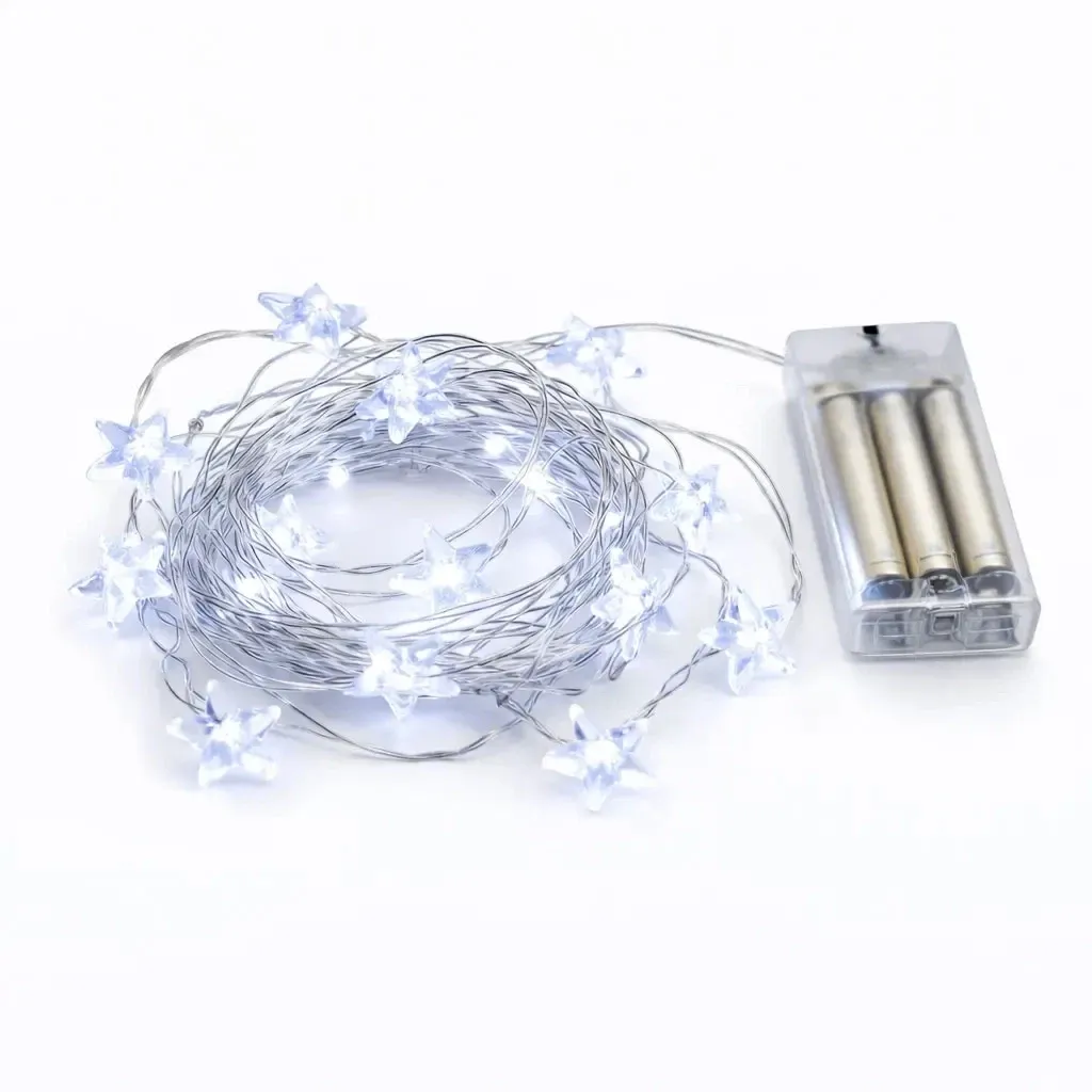 Elemről működő LED-füzér, csillagok, 2,3 m, jégfehér, 20 LED, huzal, IP20 beltéri használatra, 3× AA