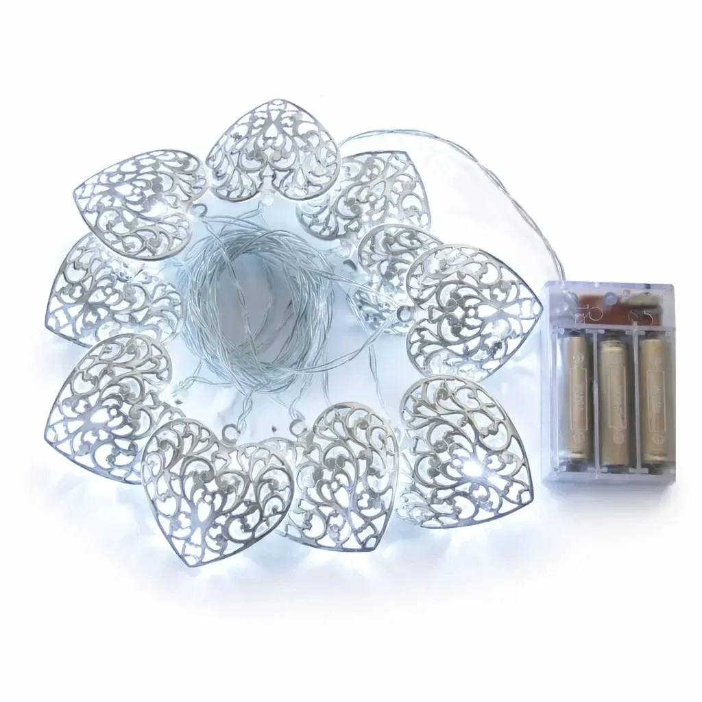 Elemről működő LED-füzér, 2,5 m, fém szívek, vintage stílus, jégfehér, 10 LED, átlátszó kábel, IP20, 2× AA