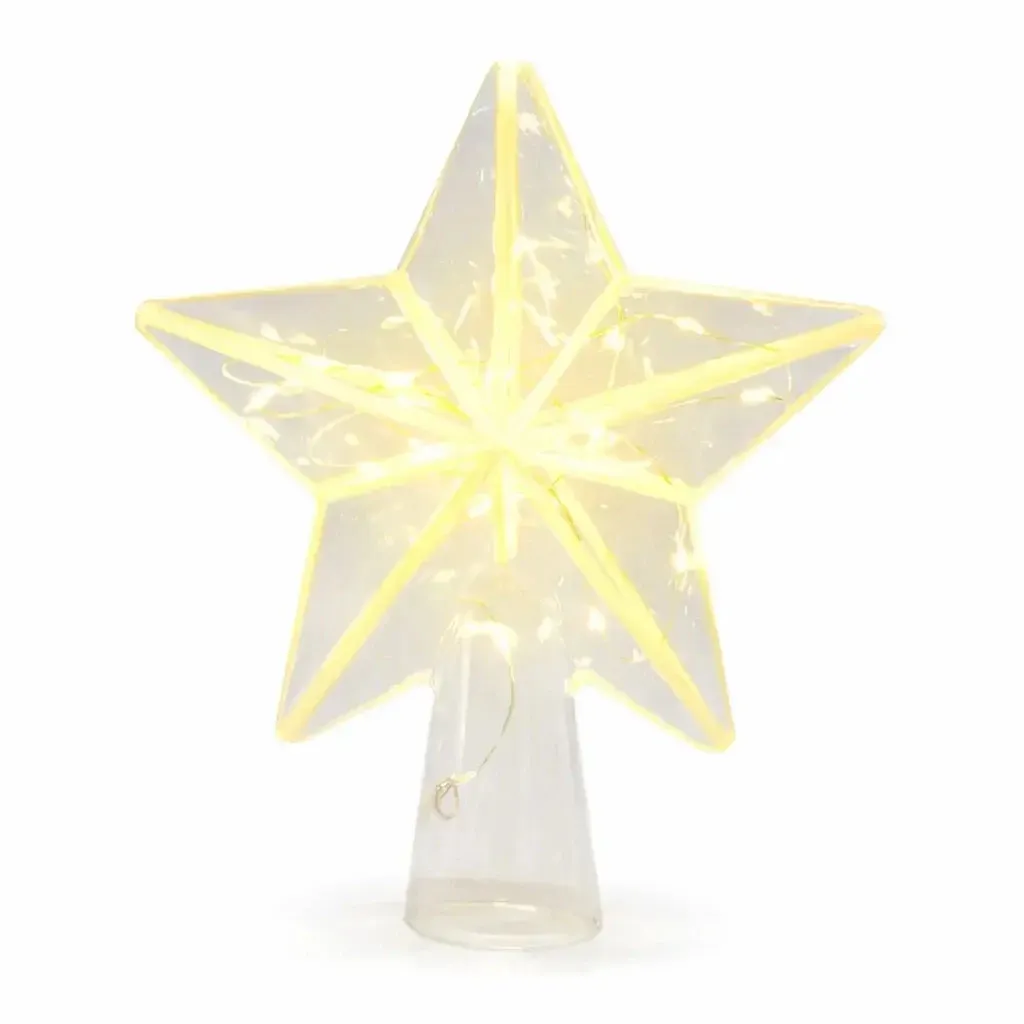 LED-es karácsonyfadísz csillag, 18 × 22 × 6,5 cm, üvegből, meleg fehér, 20 diódával, 2× AAA