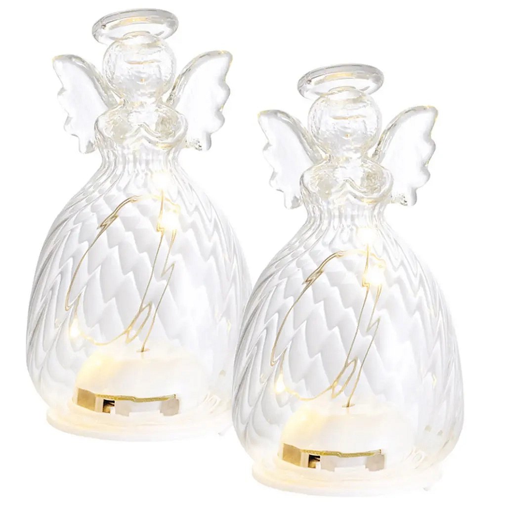 LED-es, világító üveg angyal, átlátszó, 8 cm, 2 darabos készlet