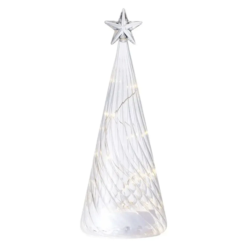 Akkumulátoros LED-es világító üvegfa, átlátszó, 26 cm, csillaggal, AAA