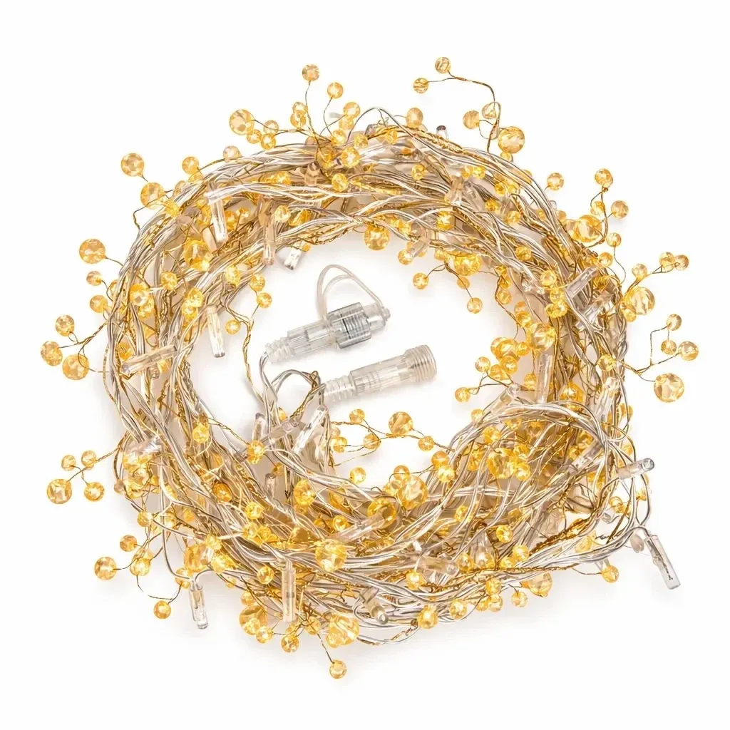 Eco Fix LED fényfüzér, kültéri, kristályokkal, meleg fehér, villogó (FLASH) funkcióval, 8 m, 80 diódával, átlátszó kábel, IP44, 24 V
