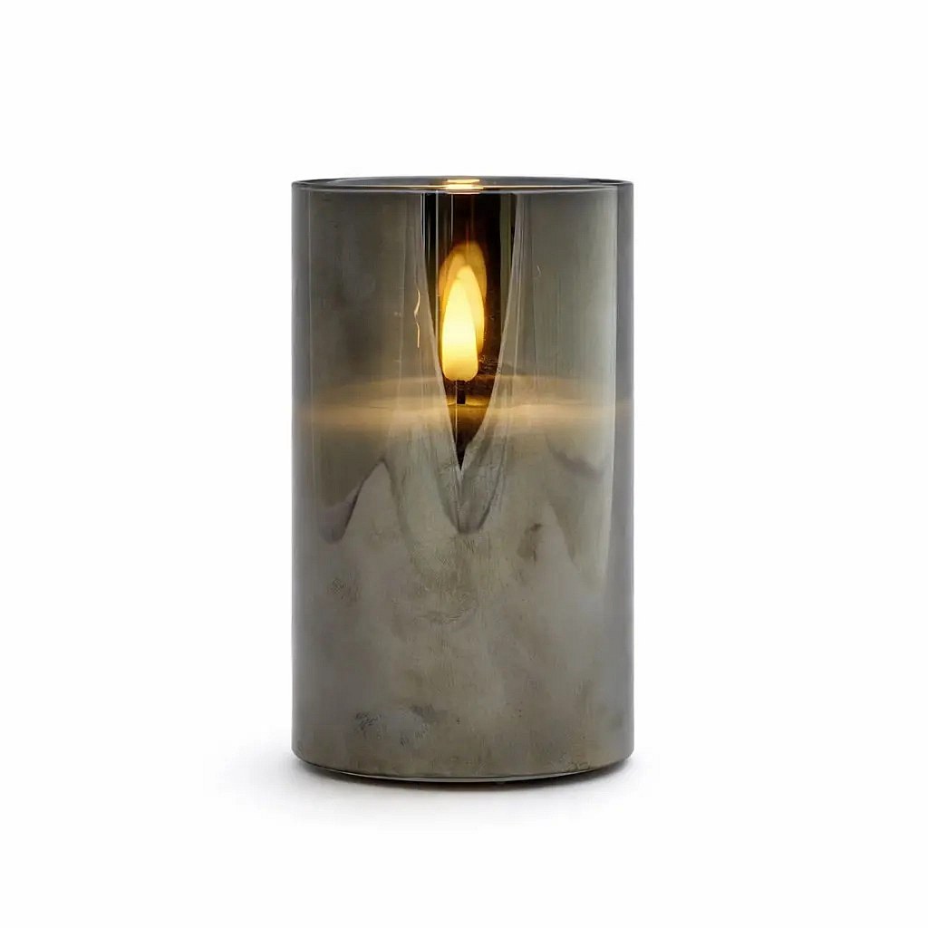 Elemmel működő LED gyertya üvegben, Ø 7,5 × 15 cm, szürke, 2× AA, meleg fehér