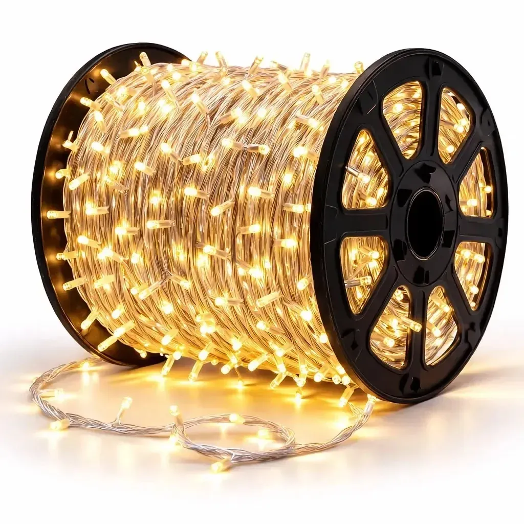 Easy Fix LED fényfüzér, 100 m, kültéri használatra, meleg fehér, 2000 LED, fehér kábel, IP67, tekercs