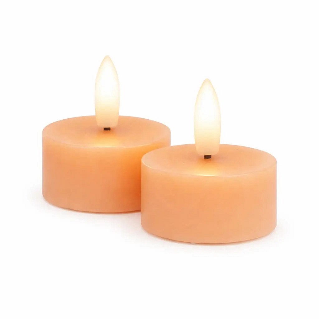 Elemmel működő LED-es tealámpás készlet Sille Tealight, Ø 4,5 × 2,2 cm, barack, valódi viaszból, 2 darabos kiszerelés.