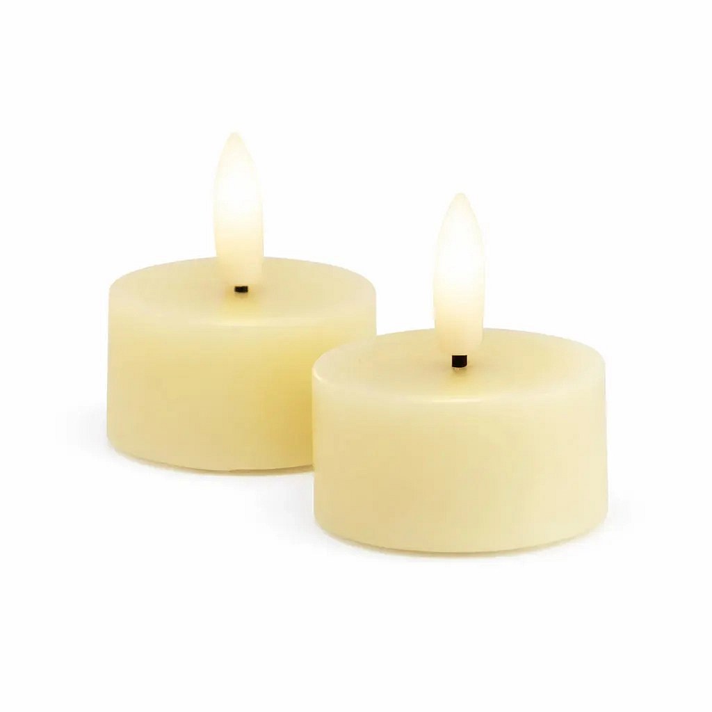Elemmel működő LED-es tealámpás készlet Sille Tealight, Ø 4,5 × 2,2 cm, lágy sárga, valódi viaszból, 2 darabos kiszerelés.