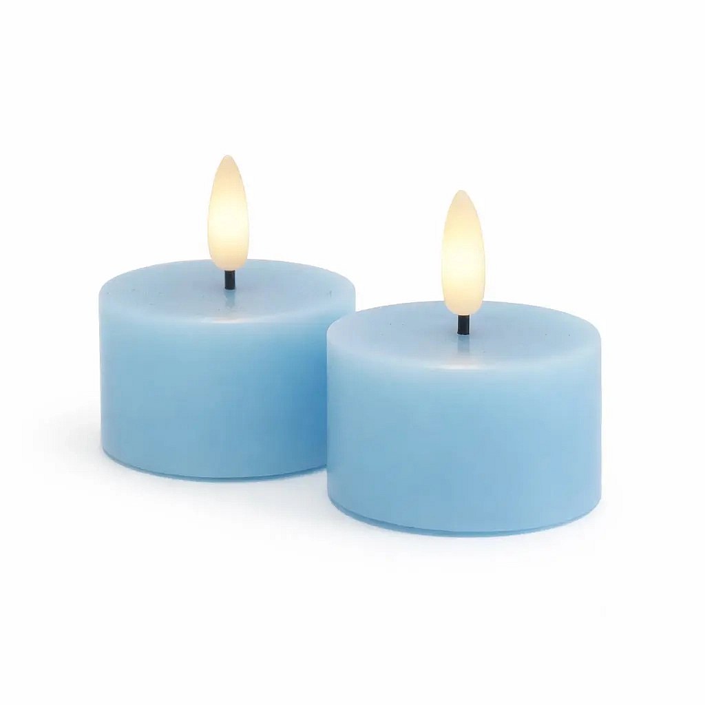 Sille tealight, Ø 6 × 3,4 cm, égszínkék, valódi viaszból készült, 2 db-os csomag, elemmel működő LED-es tealámpa készlet, Ø 6 × 3,4 cm, égszínkék, valódi viaszból készült, 2 db-os csomag