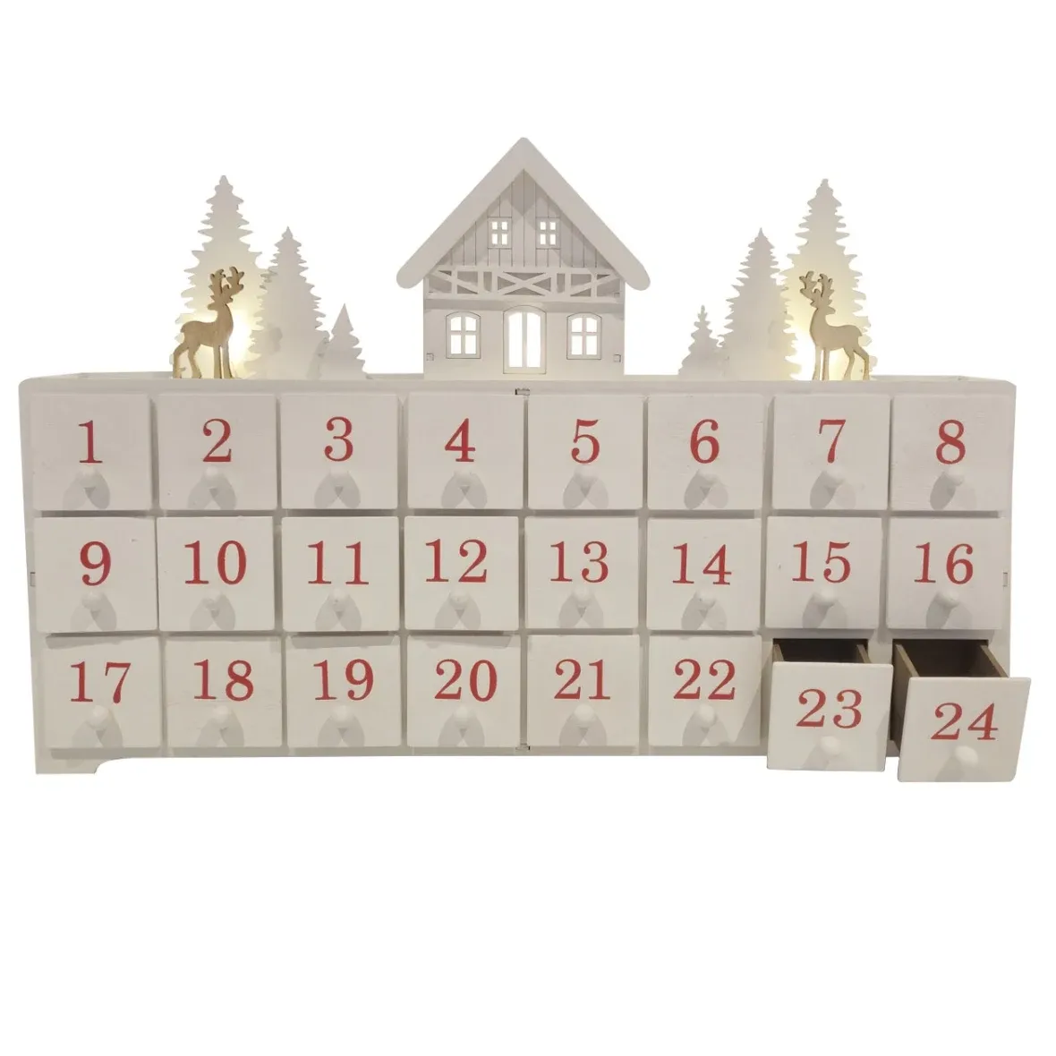LED-es adventi naptár, fából készült kis házikó az erdőben, 43 × 29 × 8 cm, fehér, piros és barna, 2 db AA elemmel működik