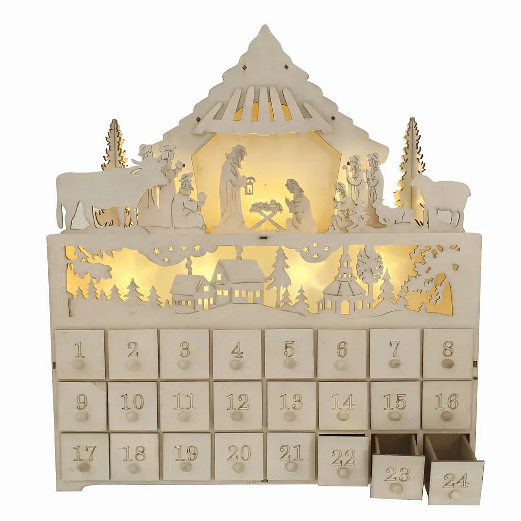 LED-es adventi naptár betlehem és falu motívummal, fából, 43 × 47 × 8 cm, 2 db AA elemmel működik