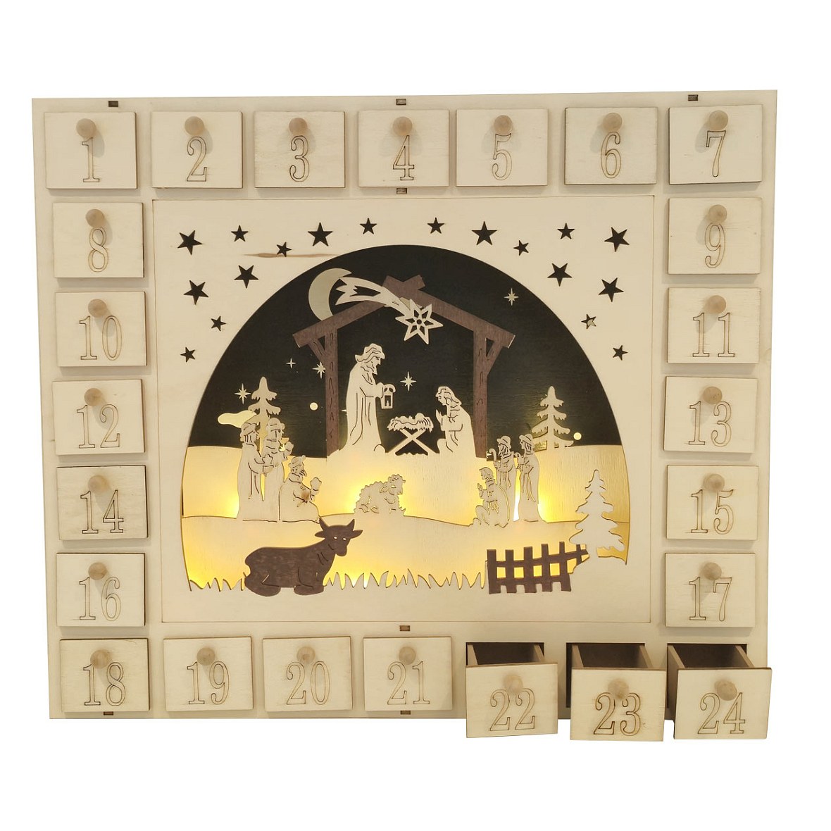 LED-es adventi naptár, betlehem és csillagok, fából, 39 × 33,5 × 7 cm, 2 db AA elemmel működik