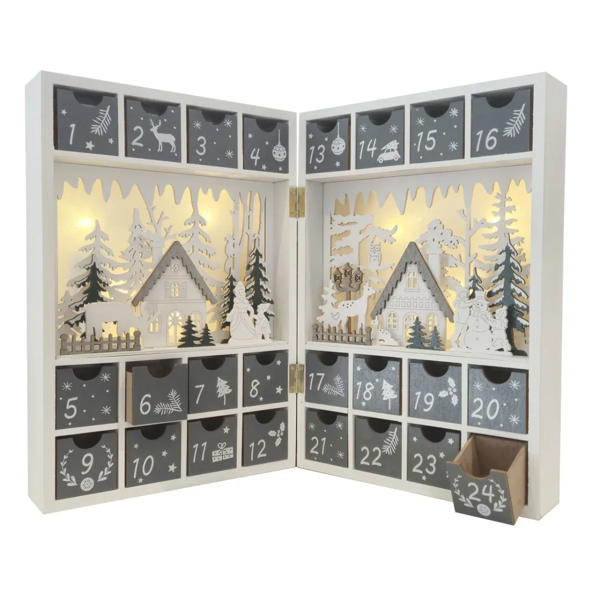 LED-es adventi naptár, fa könyv, 23,5 × 34,5 × 11 cm, fehér, szürke és zöld, kinyitható, 2 db AA elemmel működik