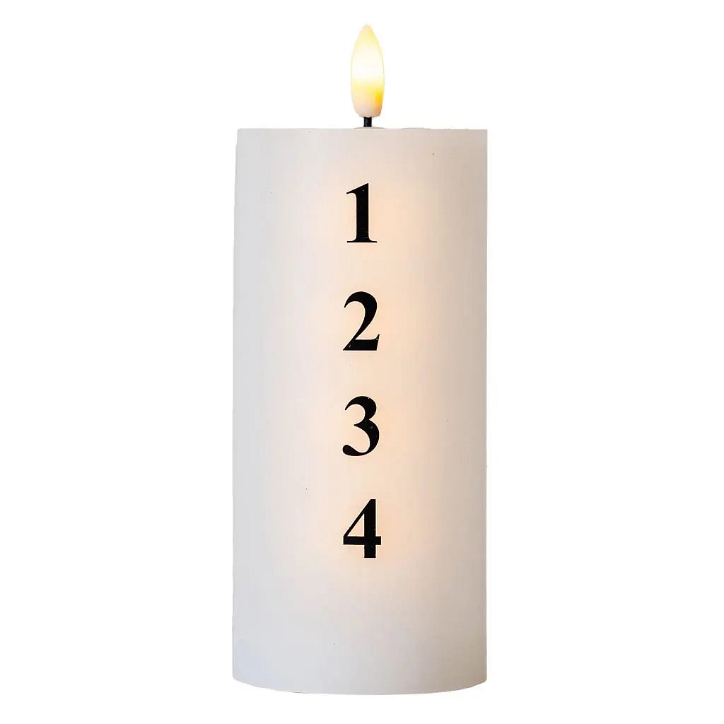 LED-es elemes viaszgyertya Sille Advent, számokkal, Ø 7 × 15 cm, fehér/fekete