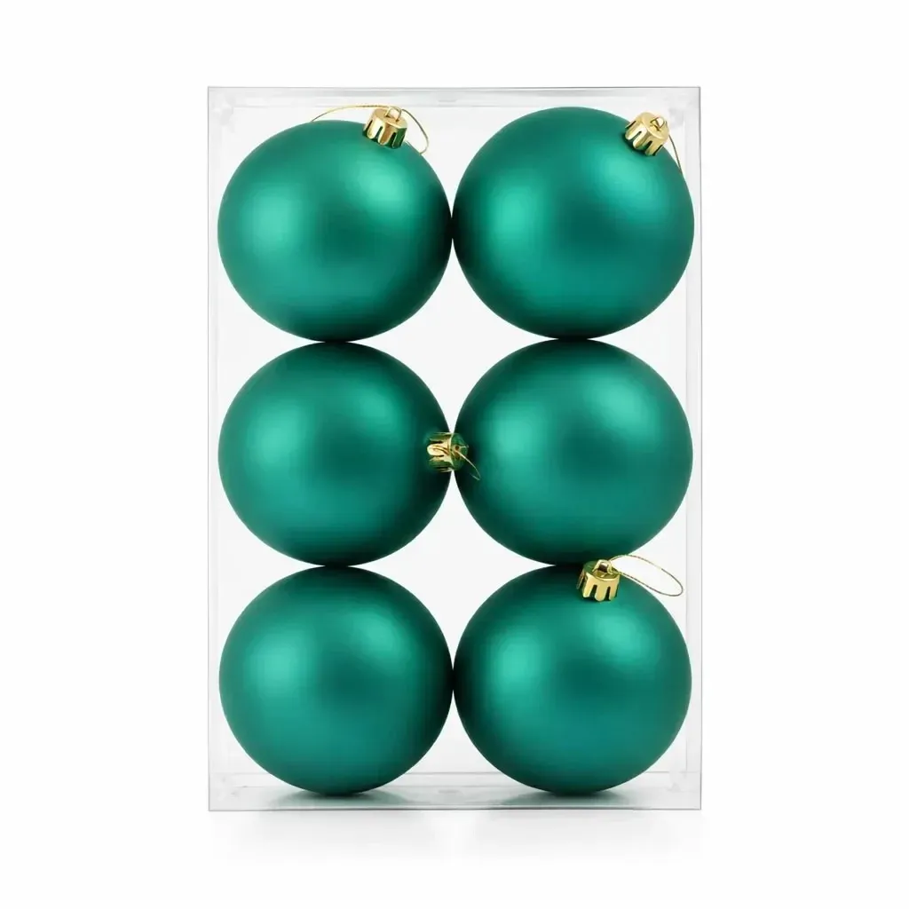 Karácsonyi díszek páva zöld matt 10 cm-es műanyag gömbök, 6 darabos csomagban