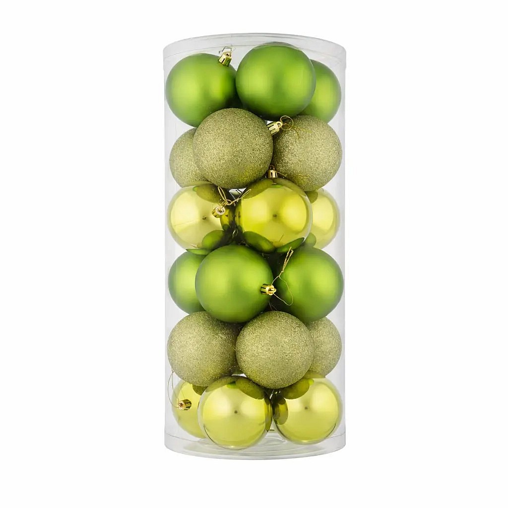 Karácsonyi díszek készlet almazöld 8 cm-es lombik, 8× matt, 8× csillogó, 8× fényes, 24 darabos csomagban
