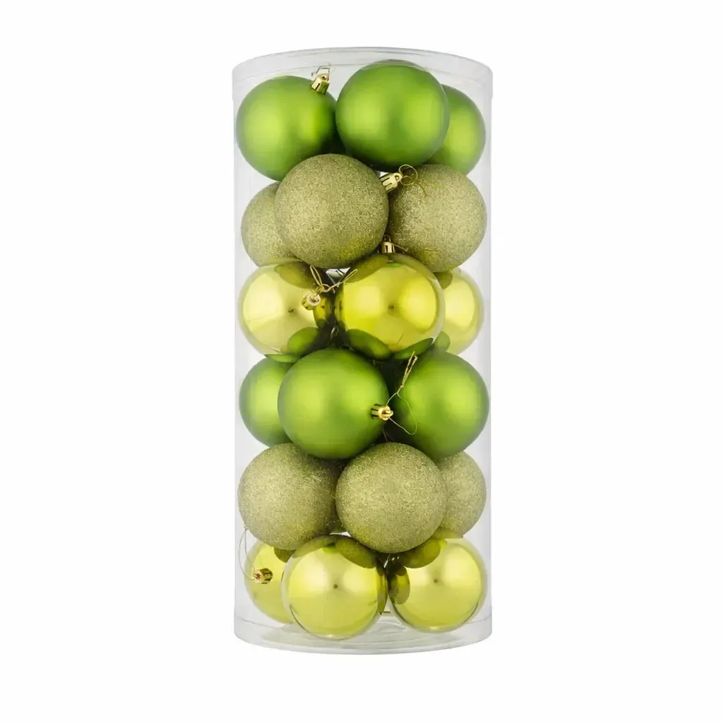 Karácsonyi díszek készlet almazöld 8 cm-es lombik, 8× matt, 8× csillogó, 8× fényes, 24 darabos csomagban