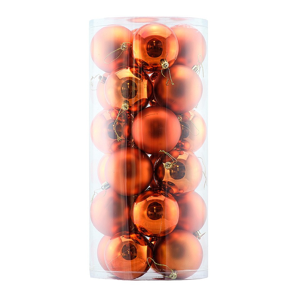Karácsonyi dekorációs készlet réz 8 cm-es műanyag gömbök, 12× fényes, 12× matt, 24 db-os csomagban
