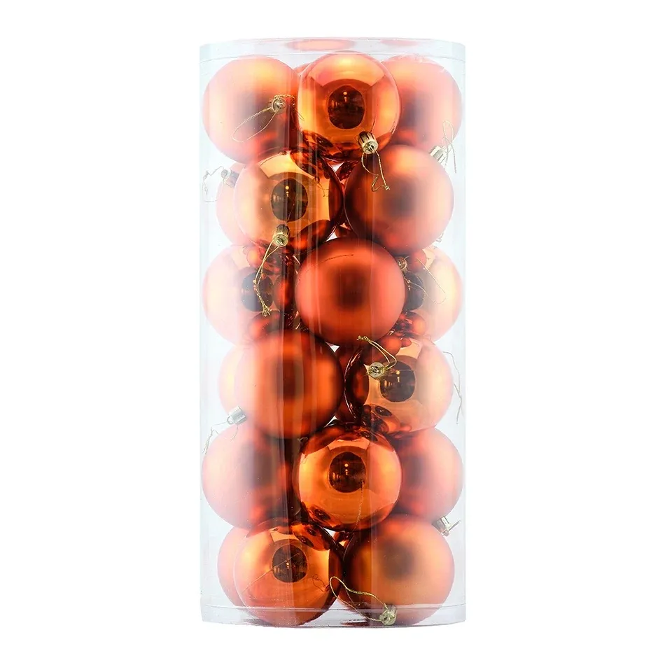 Karácsonyi dekorációs készlet réz 8 cm-es műanyag gömbök, 12× fényes, 12× matt, 24 db-os csomagban