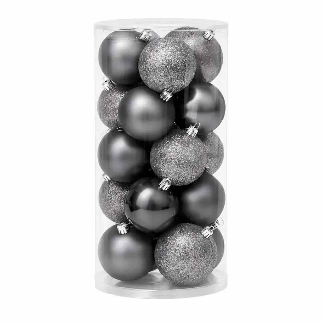Karácsonyi dekorációs készlet szürke 8 cm-es műanyag gömbök, 12× matt, 12× csillogó, 24 darabos csomagban
